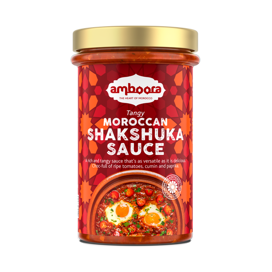 Amboora Moroccan Shakshuka Tomato Tagine Sauce in a jar with natural ingredients like tomato, spices and herbs