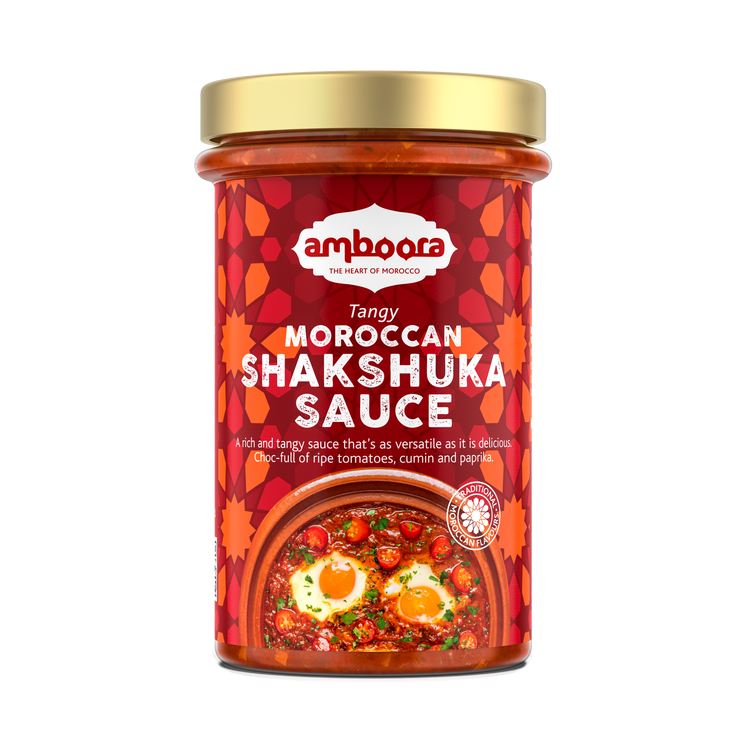 Amboora Moroccan Shakshuka Tomato Tagine Sauce in a jar with natural ingredients like tomato, spices and herbs
