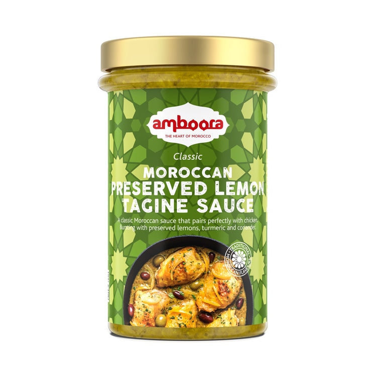 Amboora Moroccan Tagine Cooking Sauce in a jar with natural ingredients like ginger and turmeric