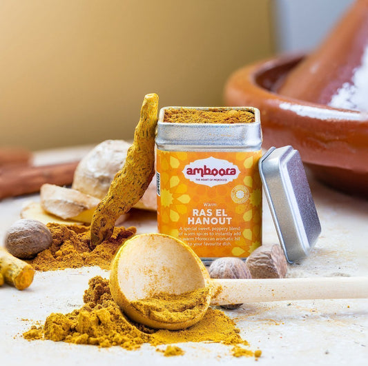 Amboora Warm Ras El Hanout in a tin with natural ingredients like ginger, cinnamon and turmeric