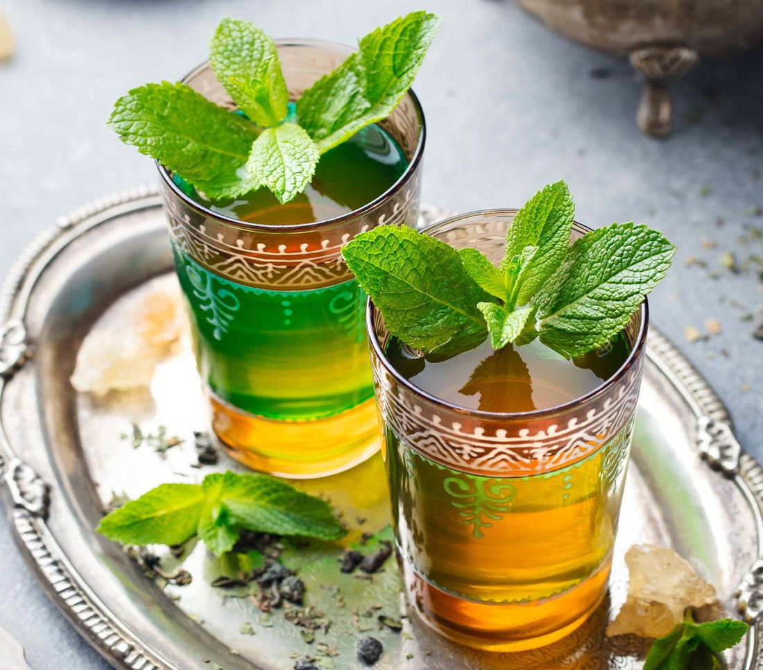Moroccan mint tea in glasses on a tray