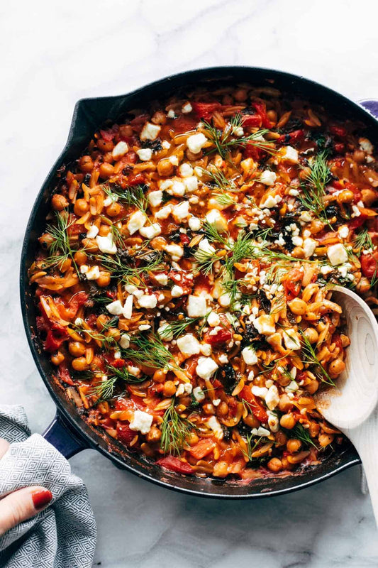 Moroccan Inspired Aubergine Orzo with Feta