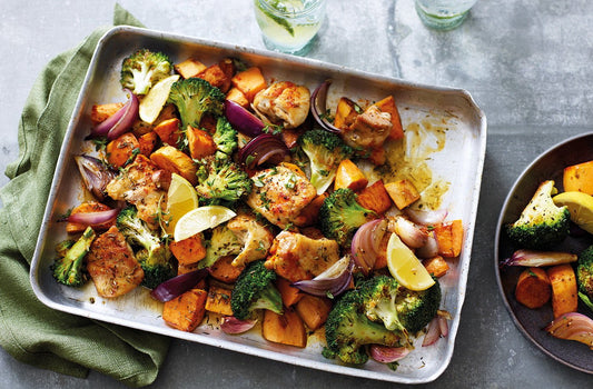 Moroccan Chicken, Sweet Potato and Olive Traybake