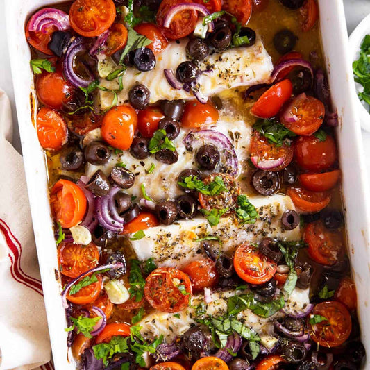 Baked Cod with Capers and Roasted Peppers, Tomatoes and Onions