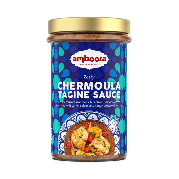 Amboora Chermoula Zesty Moroccan Tagine Cooking Sauce in a jar with natural ingredients like preserved lemons, coriander and parsley