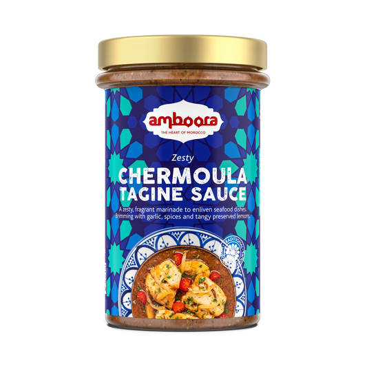 Amboora Chermoula Zesty Moroccan Tagine Sauce in a jar with natural ingredients like preserved lemons, coriander and parsley