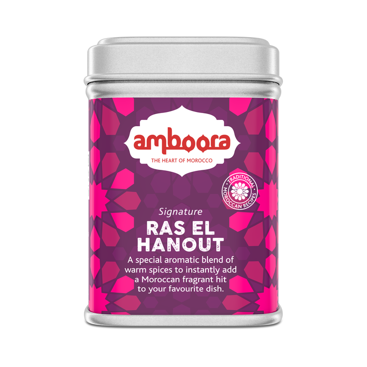 Amboora Signature Ras El Hanout in a tin with natural ingredients like ginger, cinnamon and turmeric among many others