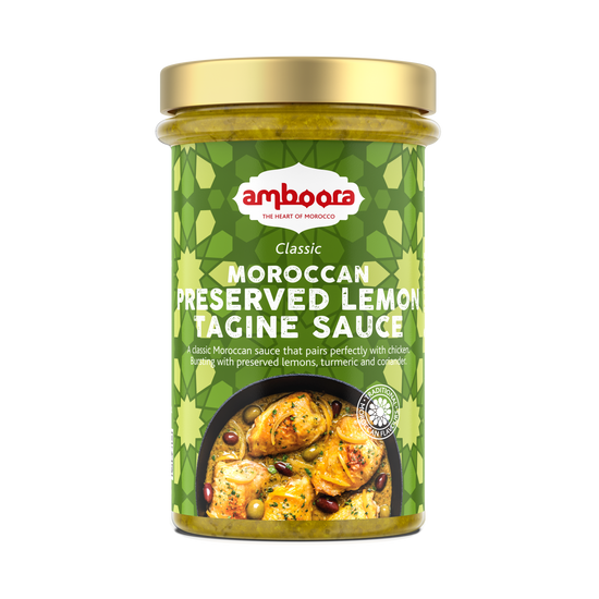 Amboora Moroccan Tagine Sauce in a jar with natural ingredients like ginger and turmeric