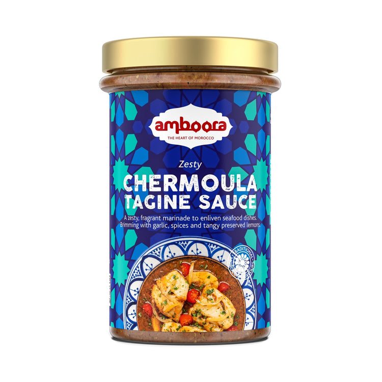 Amboora Chermoula Zesty Moroccan Tagine Cooking Sauce in a jar with natural ingredients like preserved lemons, coriander and parsley