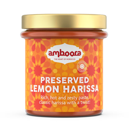 Amboora preserved lemon harissa in a jar with natural ingredients like fresh chillis, lemons and herbs