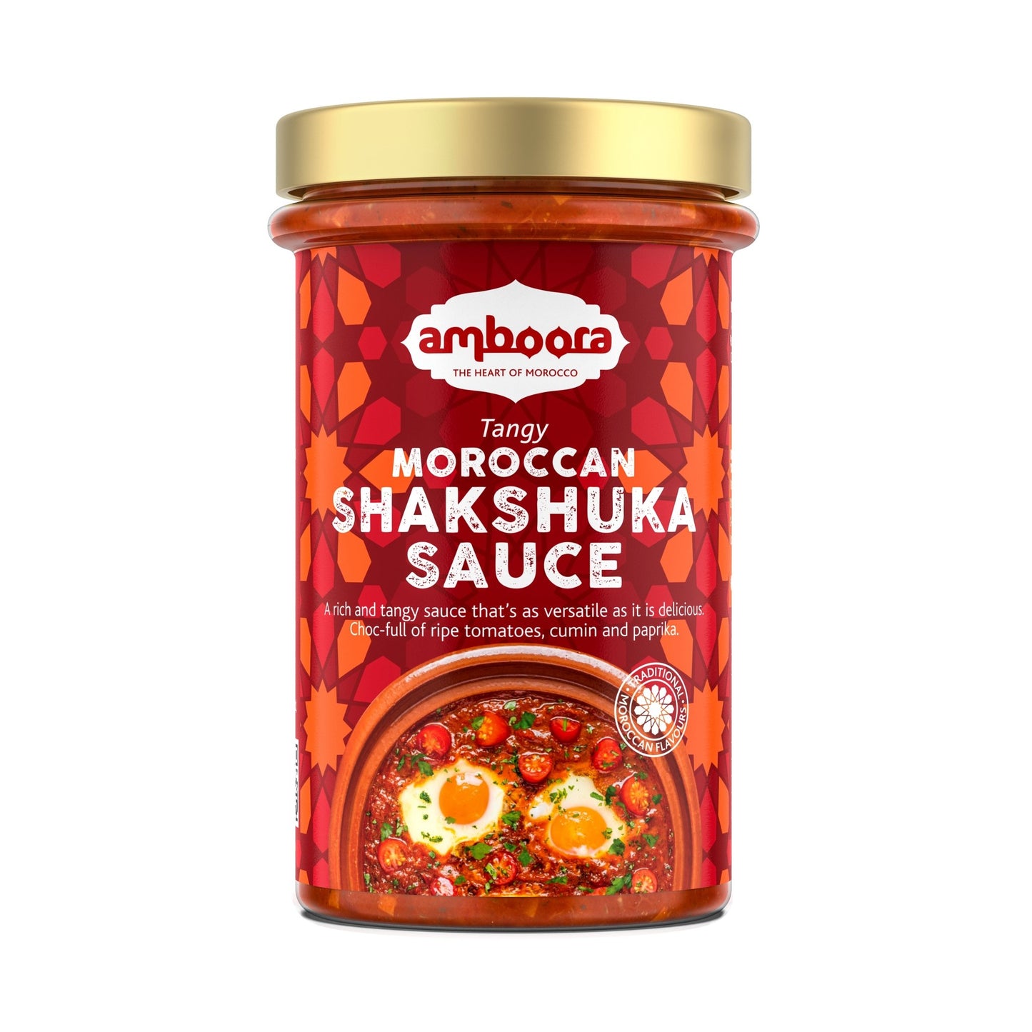 Amboora Moroccan Shakshuka Tomato Tagine Cooking Sauce in a jar with natural ingredients like tomato, spices and herbs
