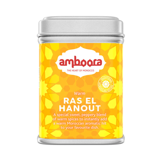 Amboora Warm Ras El Hanout in a tin with natural ingredients like ginger, cinnamon and turmeric