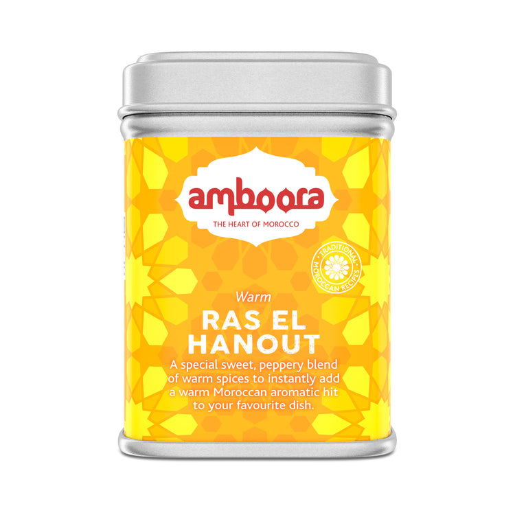 Amboora Warm Ras El Hanout in a tin with natural ingredients like ginger, cinnamon and turmeric