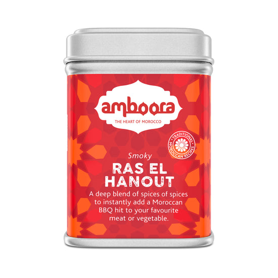 Amboora Smoky Ras El Hanout in a tin with natural ingredients like smoked paprika, cumin and turmeric