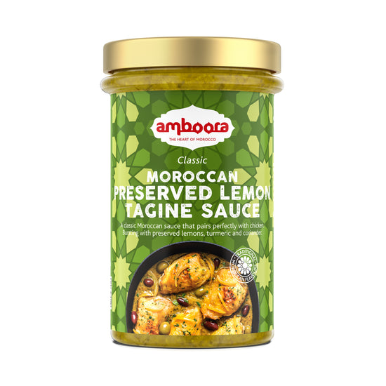 Amboora Classic Preserved Lemon Tagine SauceAmboora Moroccan Tagine Cooking Sauce in a jar with natural ingredients like ginger and turmeric