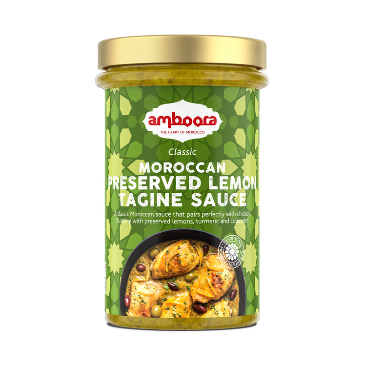 Amboora Classic Preserved Lemon Tagine SauceAmboora Moroccan Tagine Sauce in a jar with natural ingredients like ginger and turmeric