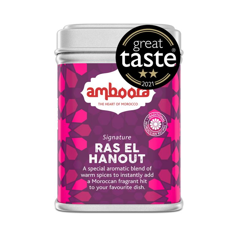 Amboora Signature Ras El Hanout in a tin with natural ingredients like ginger, cinnamon and turmeric among many others